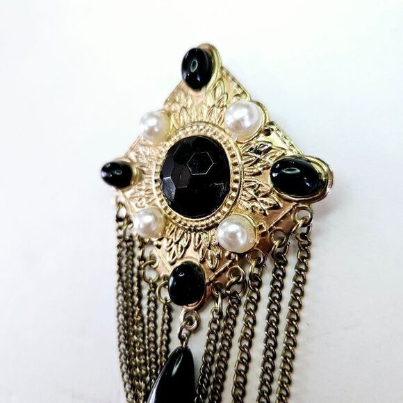 Vintage Victorian Revival Gold Tone Faux Onyx Cabochon Dangle Festoon Brooch Pin - Picture 3 of 9